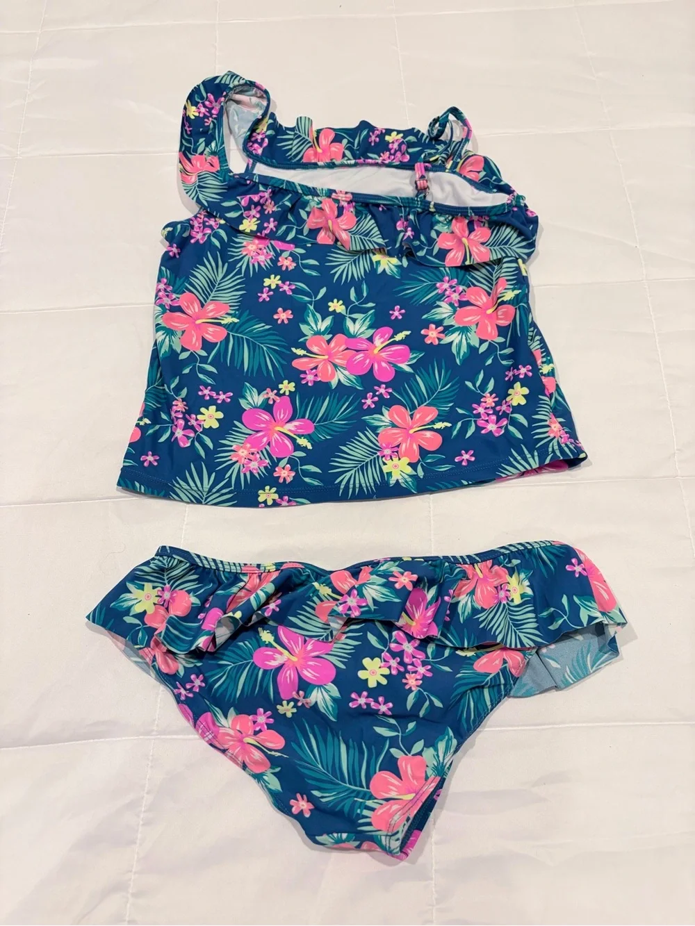 Navy Floral Ruffle Tankini with Pink Flowers